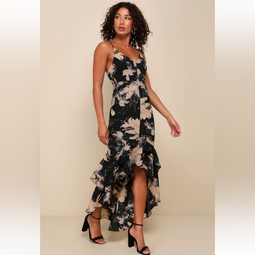 Lulus Darling Daylily Black Floral Print High-Low Maxi Dress